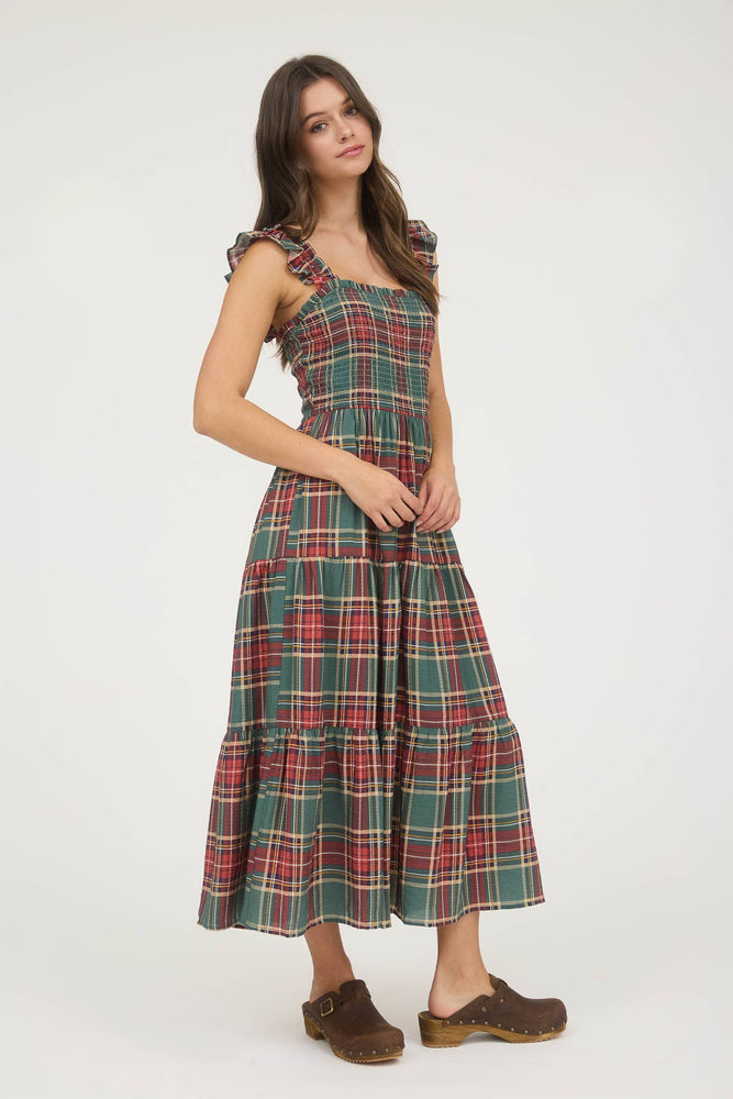 Sage and Cranberry Plaid Midi Dress