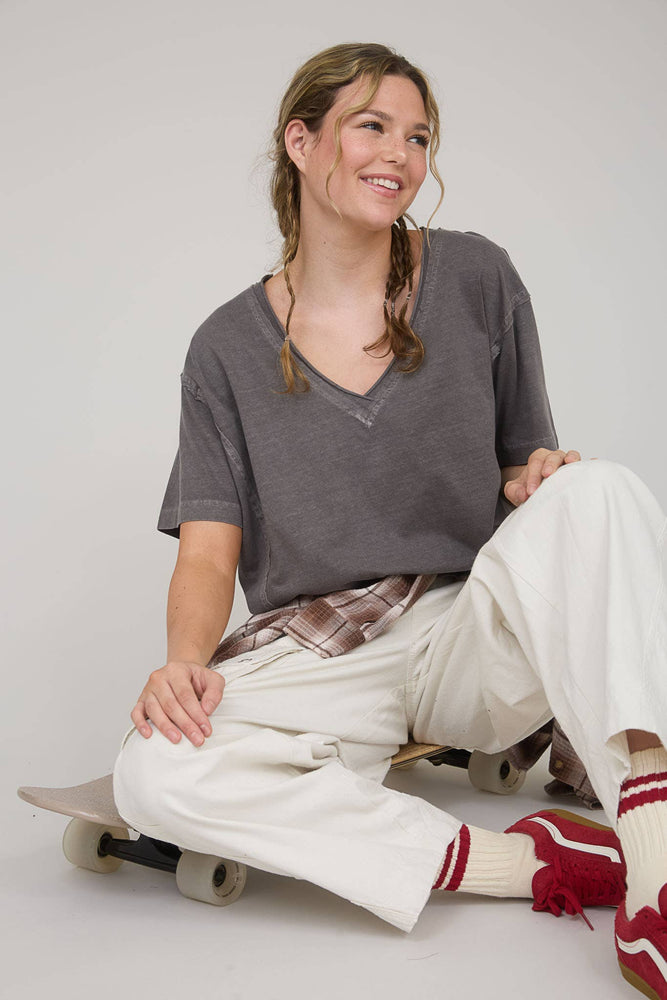 Daily Washed Raw Edge V Neck T Shirt