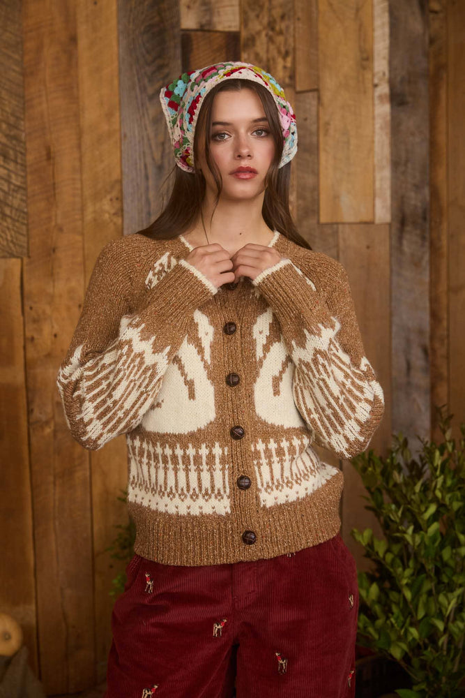 Caramel Swans and Bows Jaquard Cardigan