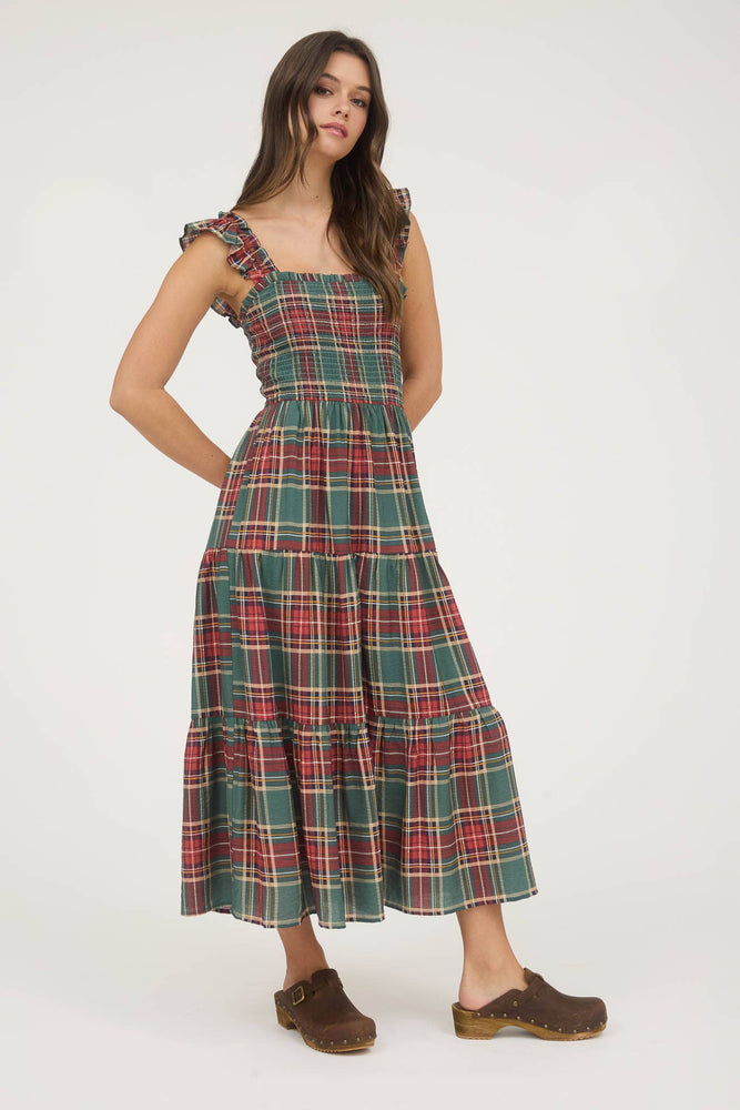 Sage and Cranberry Plaid Midi Dress