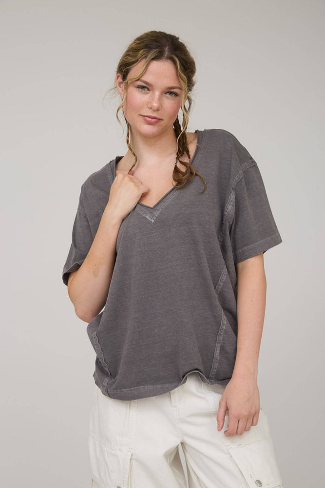 Daily Washed Raw Edge V Neck T Shirt