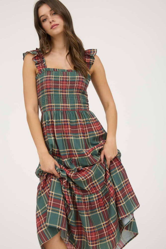 Sage and Cranberry Plaid Midi Dress