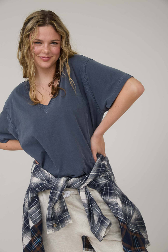 Daily Washed Raw Edge V Neck T Shirt