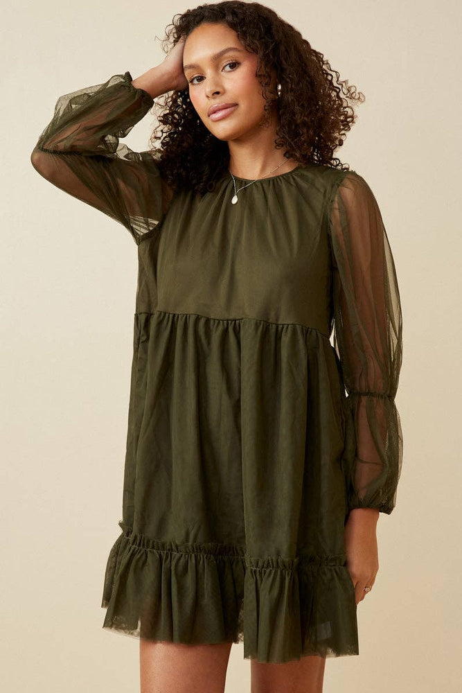 Olive Mystery Tiered Mesh Dress