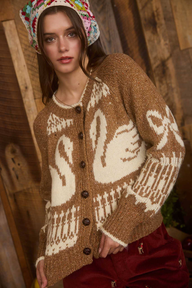 Caramel Swans and Bows Jaquard Cardigan