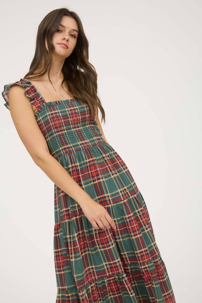 Sage and Cranberry Plaid Midi Dress