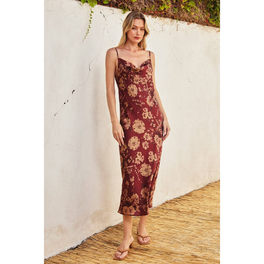 Bronzed Merlot Cowl Neck Midi Slip Dress