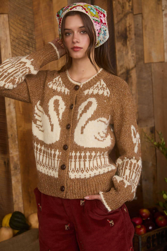 Caramel Swans and Bows Jaquard Cardigan