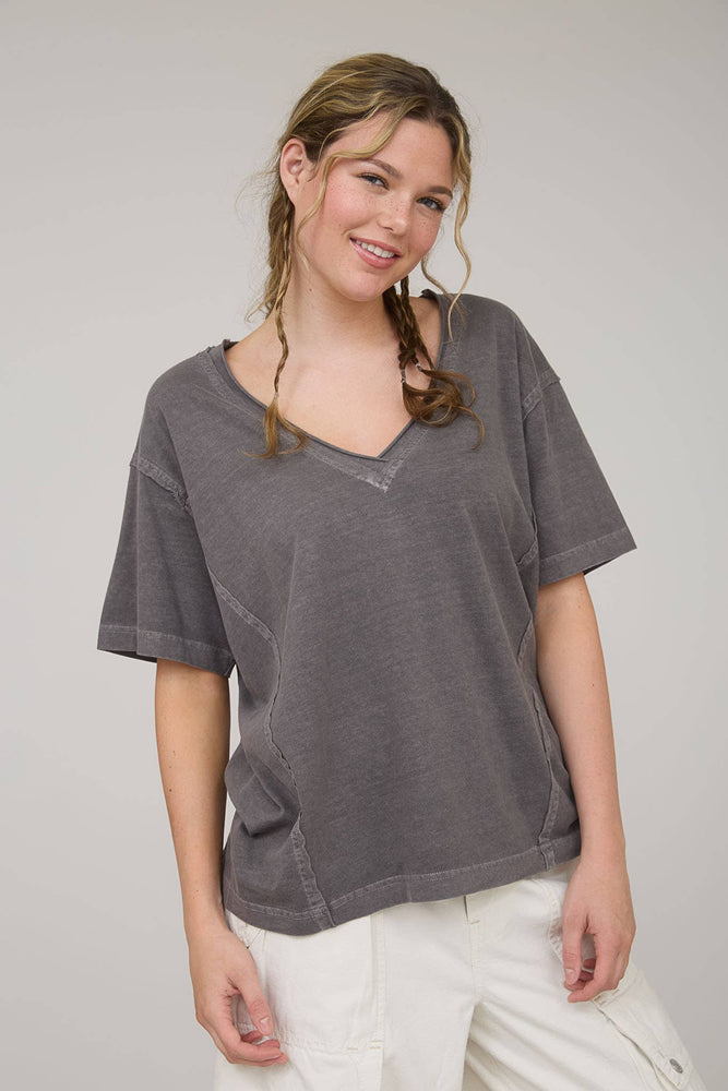Daily Washed Raw Edge V Neck T Shirt
