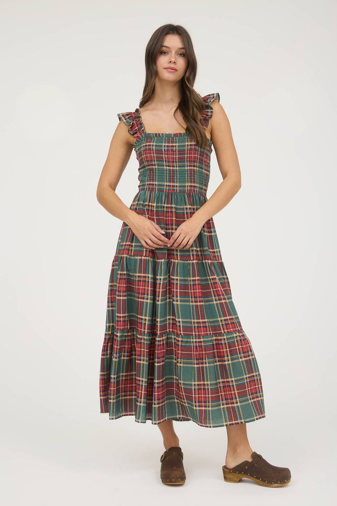 Sage and Cranberry Plaid Midi Dress